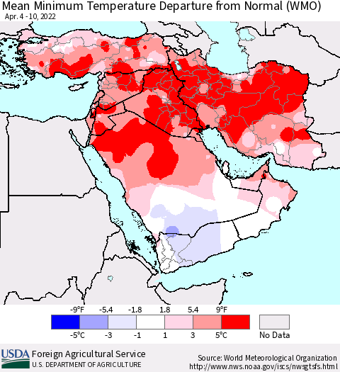 Middle East and Turkey Mean Minimum Temperature Departure from Normal (WMO) Thematic Map For 4/4/2022 - 4/10/2022