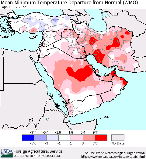 Middle East and Turkey Mean Minimum Temperature Departure from Normal (WMO) Thematic Map For 4/11/2022 - 4/17/2022