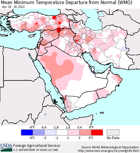 Middle East and Turkey Mean Minimum Temperature Departure from Normal (WMO) Thematic Map For 4/18/2022 - 4/24/2022