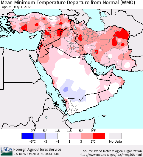 Middle East and Turkey Mean Minimum Temperature Departure from Normal (WMO) Thematic Map For 4/25/2022 - 5/1/2022