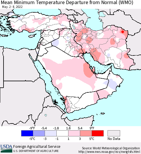 Middle East and Turkey Mean Minimum Temperature Departure from Normal (WMO) Thematic Map For 5/2/2022 - 5/8/2022