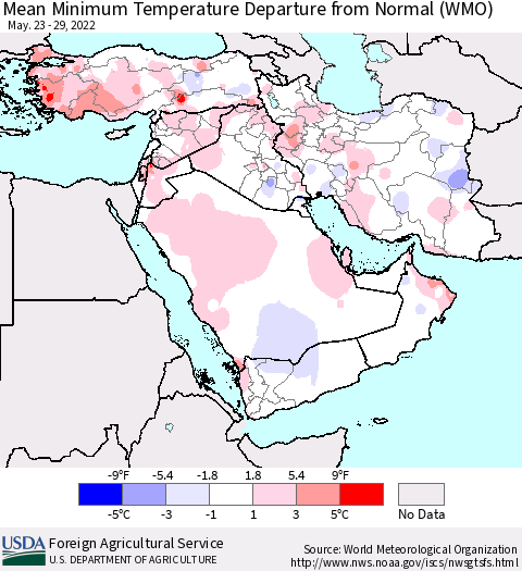 Middle East and Turkey Mean Minimum Temperature Departure from Normal (WMO) Thematic Map For 5/23/2022 - 5/29/2022