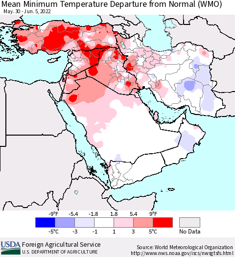 Middle East and Turkey Mean Minimum Temperature Departure from Normal (WMO) Thematic Map For 5/30/2022 - 6/5/2022