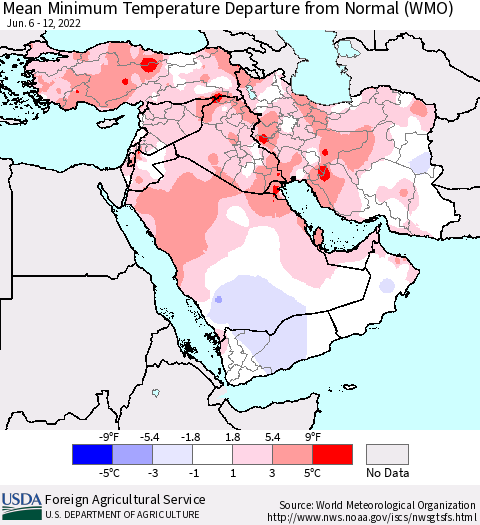 Middle East and Turkey Mean Minimum Temperature Departure from Normal (WMO) Thematic Map For 6/6/2022 - 6/12/2022