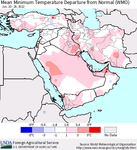 Middle East and Turkey Mean Minimum Temperature Departure from Normal (WMO) Thematic Map For 6/20/2022 - 6/26/2022