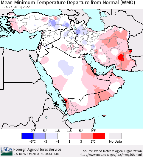 Middle East and Turkey Mean Minimum Temperature Departure from Normal (WMO) Thematic Map For 6/27/2022 - 7/3/2022