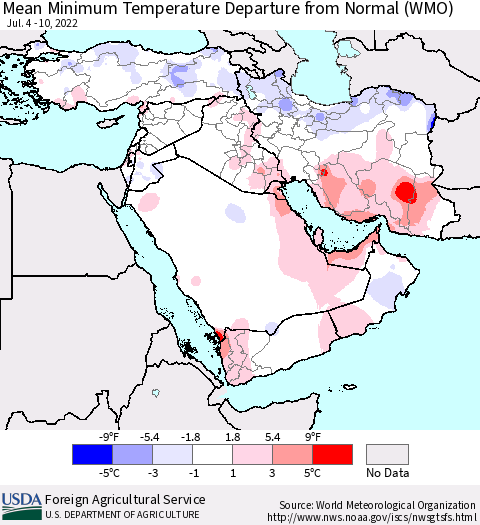 Middle East and Turkey Mean Minimum Temperature Departure from Normal (WMO) Thematic Map For 7/4/2022 - 7/10/2022