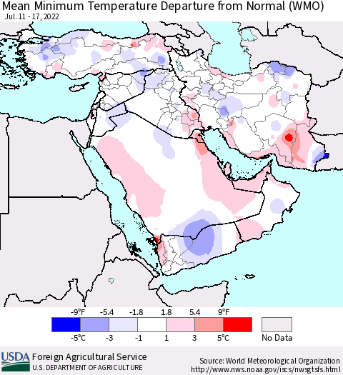 Middle East and Turkey Mean Minimum Temperature Departure from Normal (WMO) Thematic Map For 7/11/2022 - 7/17/2022