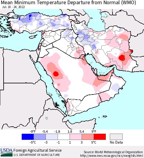 Middle East and Turkey Mean Minimum Temperature Departure from Normal (WMO) Thematic Map For 7/18/2022 - 7/24/2022