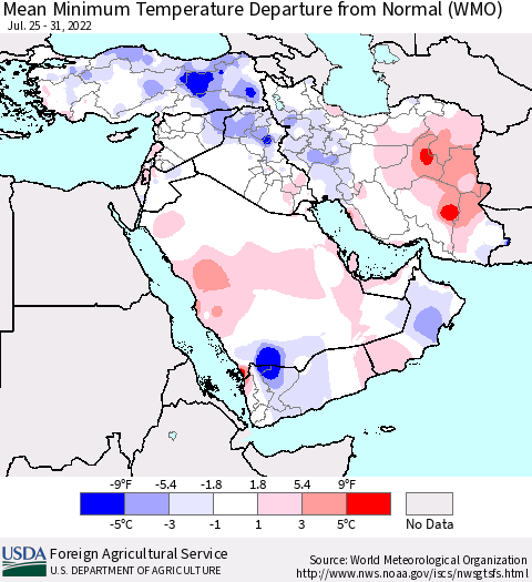 Middle East and Turkey Mean Minimum Temperature Departure from Normal (WMO) Thematic Map For 7/25/2022 - 7/31/2022