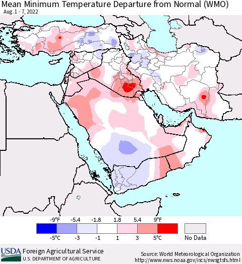 Middle East and Turkey Mean Minimum Temperature Departure from Normal (WMO) Thematic Map For 8/1/2022 - 8/7/2022