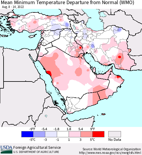 Middle East and Turkey Mean Minimum Temperature Departure from Normal (WMO) Thematic Map For 8/8/2022 - 8/14/2022
