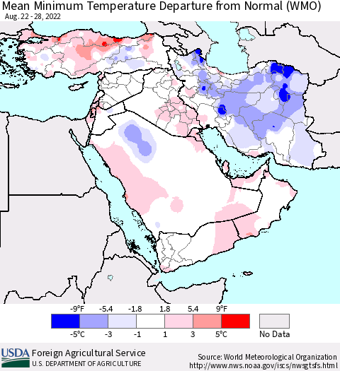 Middle East and Turkey Mean Minimum Temperature Departure from Normal (WMO) Thematic Map For 8/22/2022 - 8/28/2022