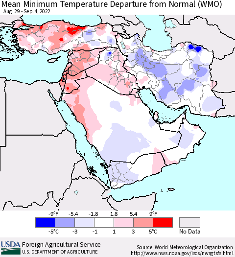 Middle East and Turkey Mean Minimum Temperature Departure from Normal (WMO) Thematic Map For 8/29/2022 - 9/4/2022