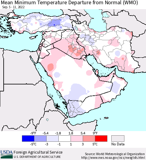 Middle East and Turkey Mean Minimum Temperature Departure from Normal (WMO) Thematic Map For 9/5/2022 - 9/11/2022