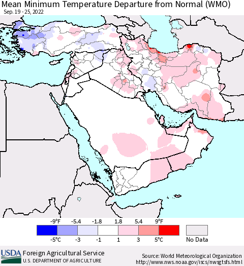 Middle East and Turkey Mean Minimum Temperature Departure from Normal (WMO) Thematic Map For 9/19/2022 - 9/25/2022