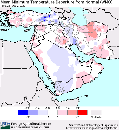 Middle East and Turkey Mean Minimum Temperature Departure from Normal (WMO) Thematic Map For 9/26/2022 - 10/2/2022