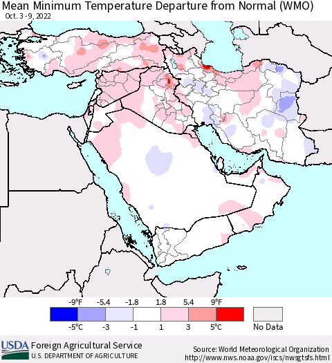 Middle East and Turkey Mean Minimum Temperature Departure from Normal (WMO) Thematic Map For 10/3/2022 - 10/9/2022