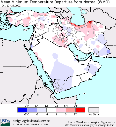 Middle East and Turkey Mean Minimum Temperature Departure from Normal (WMO) Thematic Map For 10/10/2022 - 10/16/2022