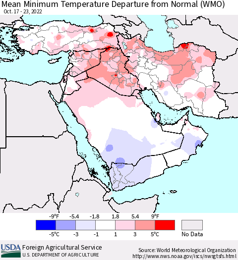 Middle East and Turkey Mean Minimum Temperature Departure from Normal (WMO) Thematic Map For 10/17/2022 - 10/23/2022