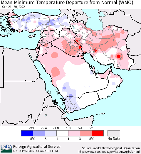 Middle East and Turkey Mean Minimum Temperature Departure from Normal (WMO) Thematic Map For 10/24/2022 - 10/30/2022