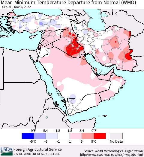 Middle East and Turkey Mean Minimum Temperature Departure from Normal (WMO) Thematic Map For 10/31/2022 - 11/6/2022