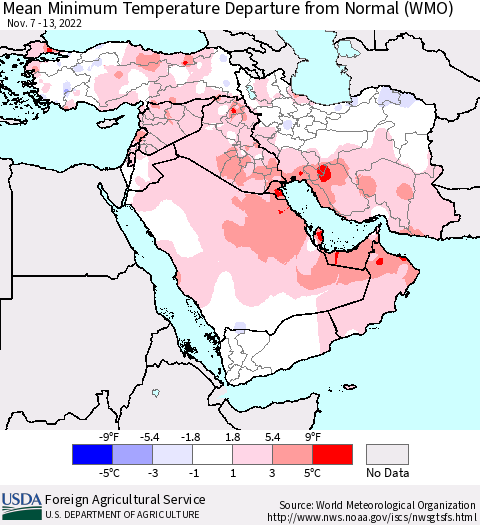 Middle East and Turkey Mean Minimum Temperature Departure from Normal (WMO) Thematic Map For 11/7/2022 - 11/13/2022