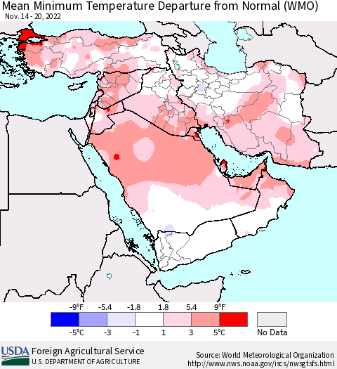 Middle East and Turkey Mean Minimum Temperature Departure from Normal (WMO) Thematic Map For 11/14/2022 - 11/20/2022