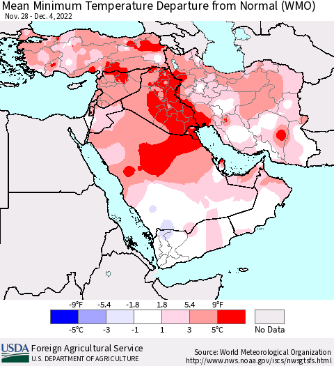 Middle East and Turkey Mean Minimum Temperature Departure from Normal (WMO) Thematic Map For 11/28/2022 - 12/4/2022