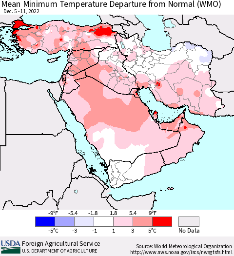 Middle East and Turkey Mean Minimum Temperature Departure from Normal (WMO) Thematic Map For 12/5/2022 - 12/11/2022