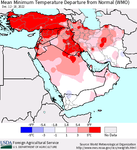 Middle East and Turkey Mean Minimum Temperature Departure from Normal (WMO) Thematic Map For 12/12/2022 - 12/18/2022