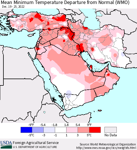 Middle East and Turkey Mean Minimum Temperature Departure from Normal (WMO) Thematic Map For 12/19/2022 - 12/25/2022
