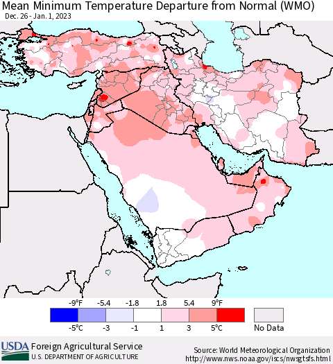 Middle East and Turkey Mean Minimum Temperature Departure from Normal (WMO) Thematic Map For 12/26/2022 - 1/1/2023