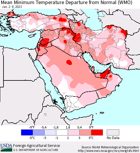 Middle East and Turkey Mean Minimum Temperature Departure from Normal (WMO) Thematic Map For 1/2/2023 - 1/8/2023