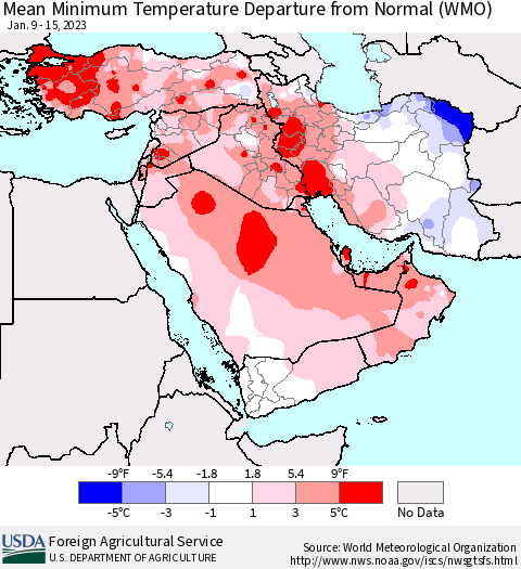 Middle East and Turkey Mean Minimum Temperature Departure from Normal (WMO) Thematic Map For 1/9/2023 - 1/15/2023