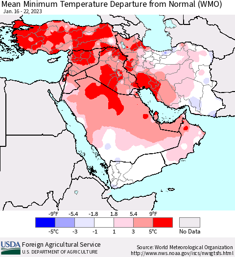 Middle East and Turkey Mean Minimum Temperature Departure from Normal (WMO) Thematic Map For 1/16/2023 - 1/22/2023