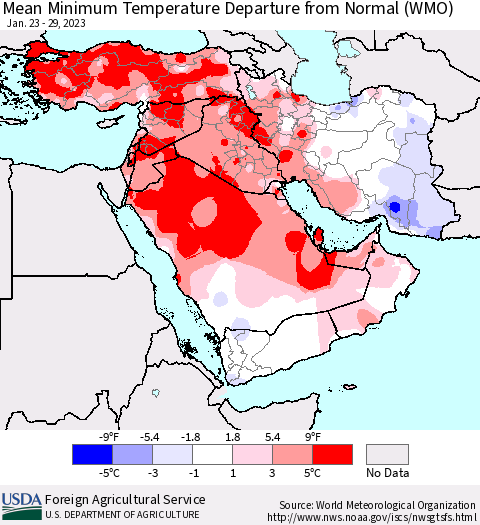 Middle East and Turkey Mean Minimum Temperature Departure from Normal (WMO) Thematic Map For 1/23/2023 - 1/29/2023