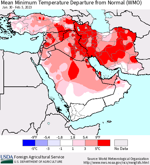 Middle East and Turkey Mean Minimum Temperature Departure from Normal (WMO) Thematic Map For 1/30/2023 - 2/5/2023