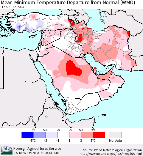 Middle East and Turkey Mean Minimum Temperature Departure from Normal (WMO) Thematic Map For 2/6/2023 - 2/12/2023