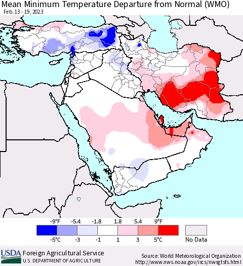 Middle East and Turkey Mean Minimum Temperature Departure from Normal (WMO) Thematic Map For 2/13/2023 - 2/19/2023