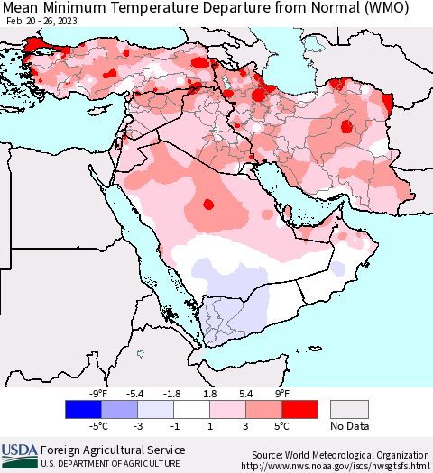 Middle East and Turkey Mean Minimum Temperature Departure from Normal (WMO) Thematic Map For 2/20/2023 - 2/26/2023