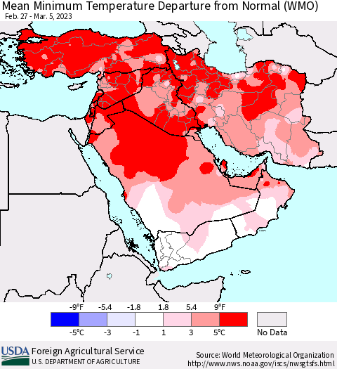 Middle East and Turkey Mean Minimum Temperature Departure from Normal (WMO) Thematic Map For 2/27/2023 - 3/5/2023