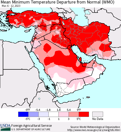 Middle East and Turkey Mean Minimum Temperature Departure from Normal (WMO) Thematic Map For 3/6/2023 - 3/12/2023