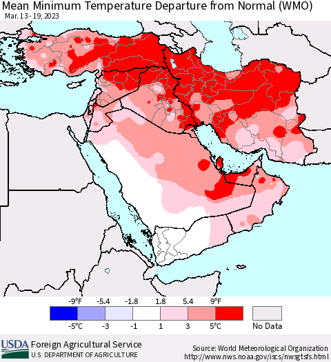Middle East and Turkey Mean Minimum Temperature Departure from Normal (WMO) Thematic Map For 3/13/2023 - 3/19/2023