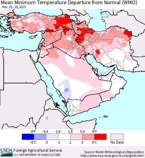 Middle East and Turkey Mean Minimum Temperature Departure from Normal (WMO) Thematic Map For 3/20/2023 - 3/26/2023