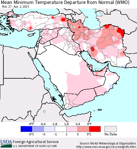 Middle East and Turkey Mean Minimum Temperature Departure from Normal (WMO) Thematic Map For 3/27/2023 - 4/2/2023