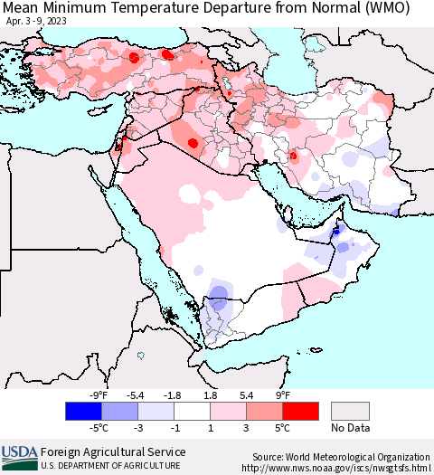 Middle East and Turkey Mean Minimum Temperature Departure from Normal (WMO) Thematic Map For 4/3/2023 - 4/9/2023