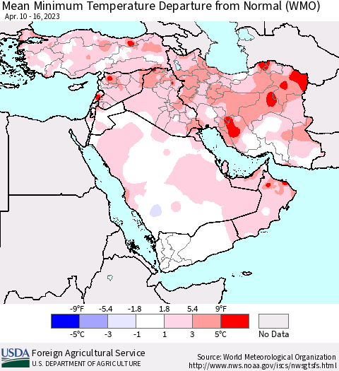 Middle East and Turkey Mean Minimum Temperature Departure from Normal (WMO) Thematic Map For 4/10/2023 - 4/16/2023