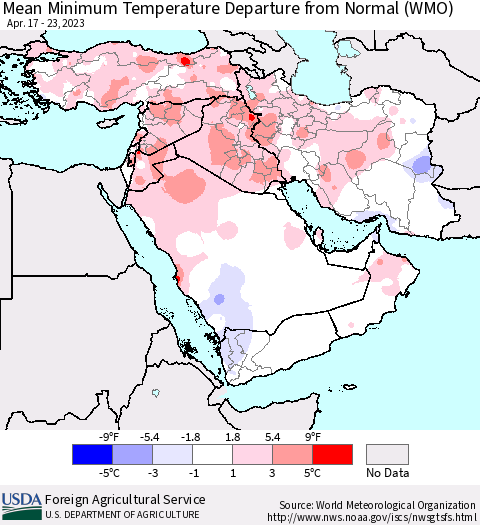 Middle East and Turkey Mean Minimum Temperature Departure from Normal (WMO) Thematic Map For 4/17/2023 - 4/23/2023