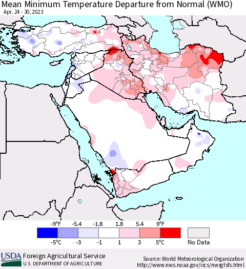 Middle East and Turkey Mean Minimum Temperature Departure from Normal (WMO) Thematic Map For 4/24/2023 - 4/30/2023